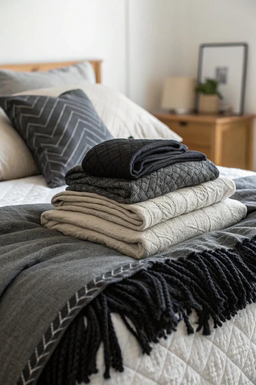 A bed with layered black and grey throws and pillows for added comfort.