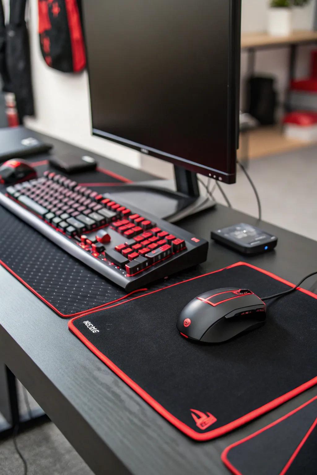 A black gaming desk with red accents serves as the visual anchor of the setup.