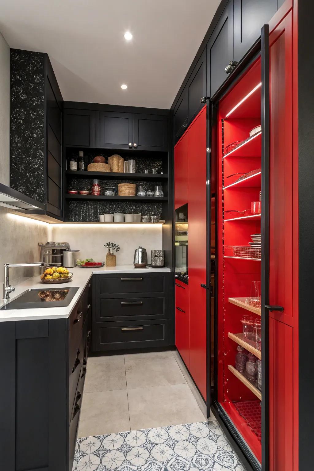 A bold red pantry interior adds a surprising element to the kitchen.