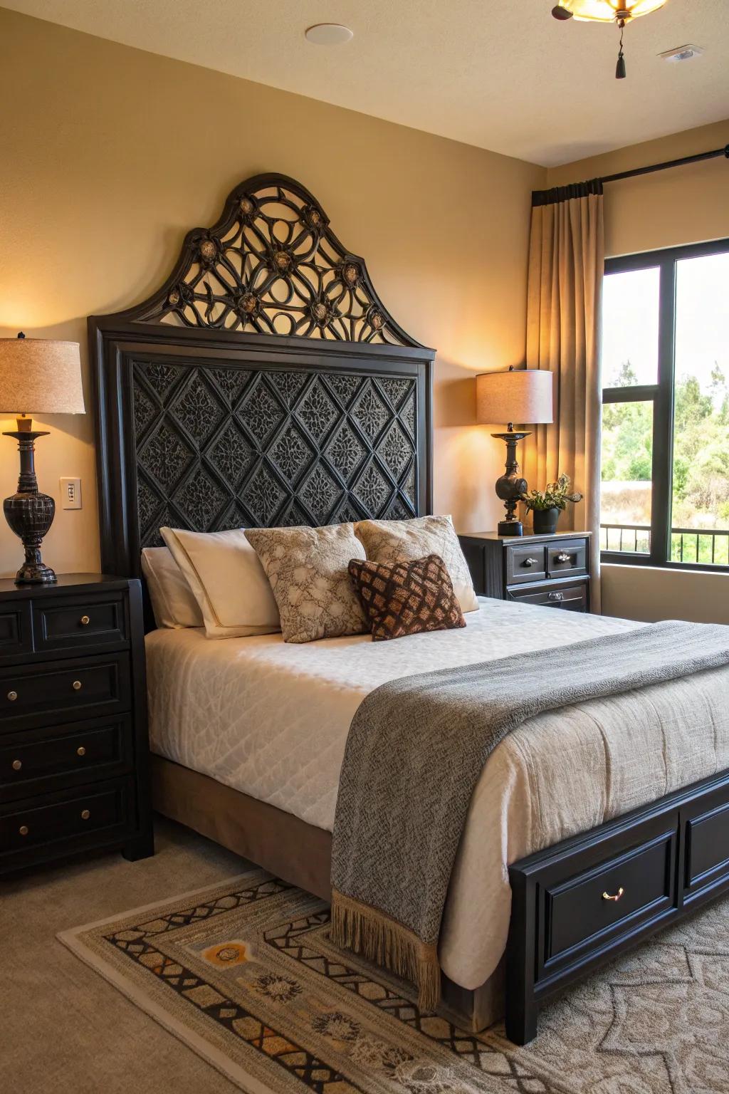 A distinctive headboard adds artistic flair to this bedroom.