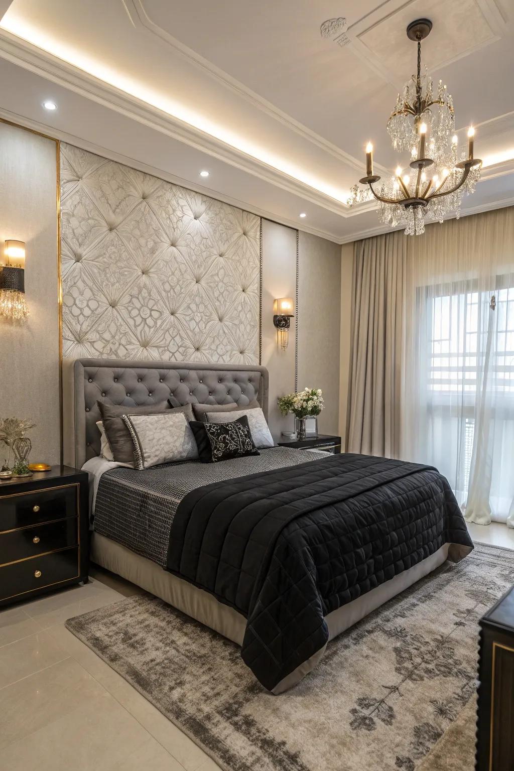 A sophisticated bedroom with elegant metallic details.