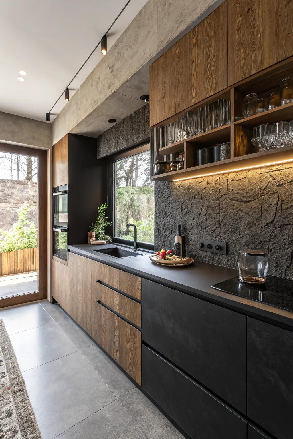 Textures add depth to black countertops.