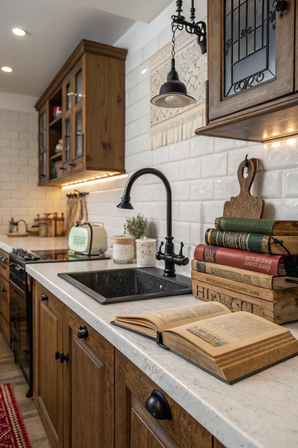 A vintage-inspired kitchen comes to life with the addition of a black faucet.