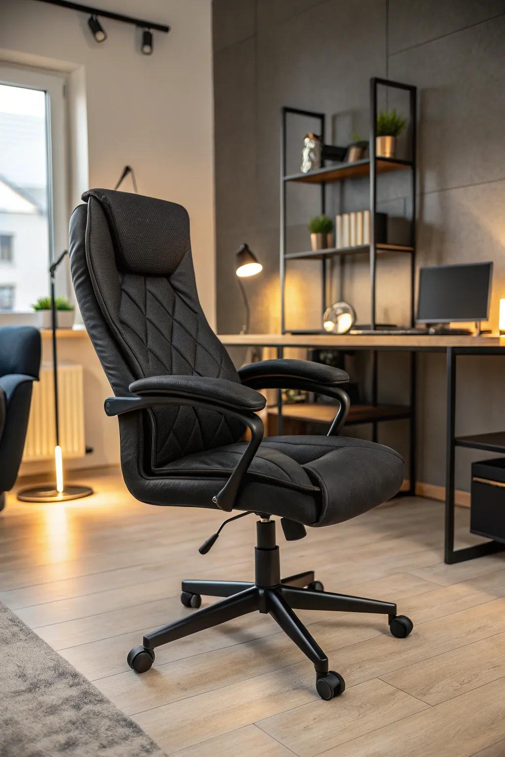 A statement chair is both functional and stylish in a black office.