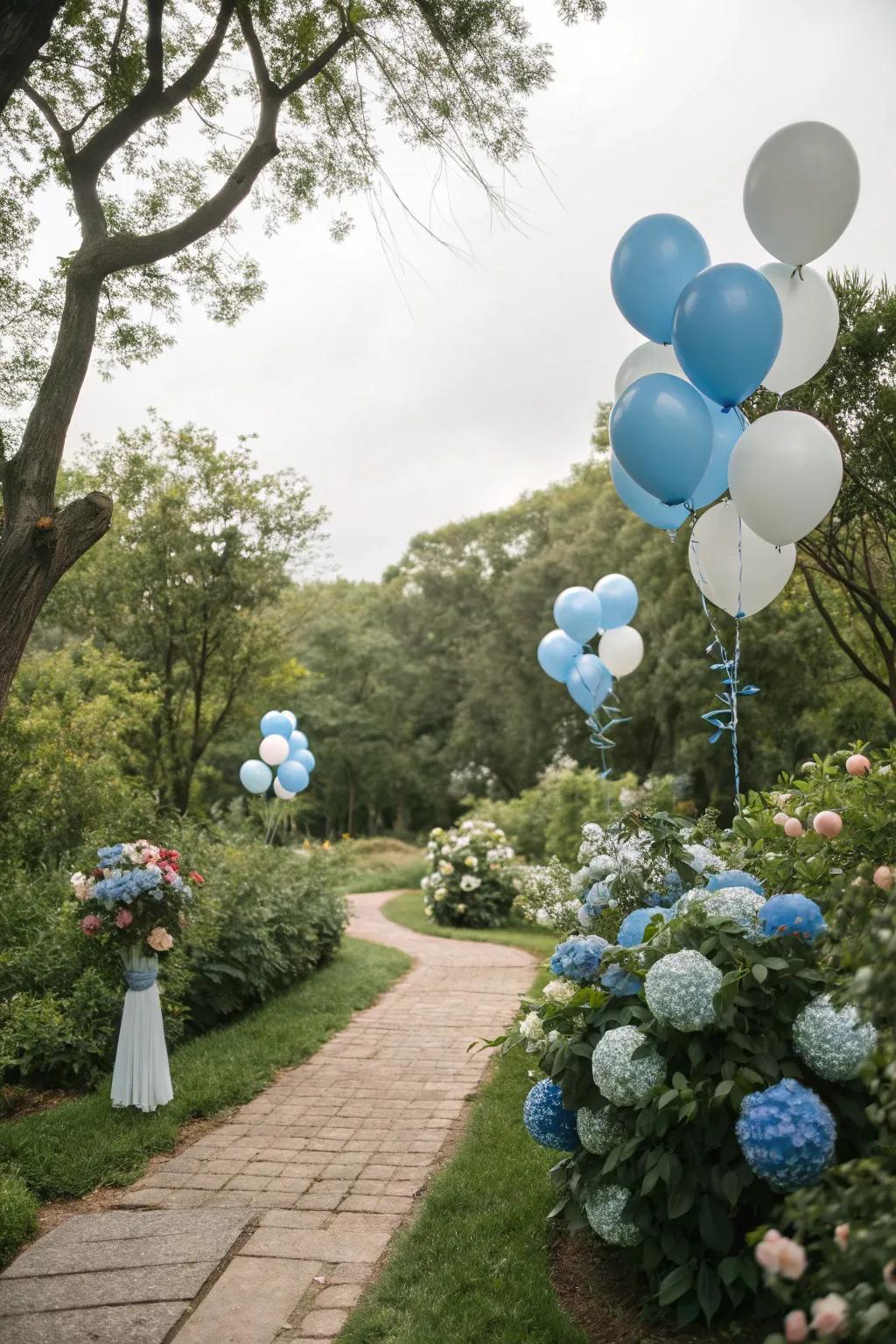 Balloon clusters add color and charm to outdoor settings.