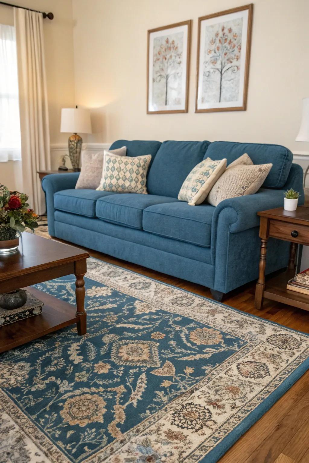 A coordinating rug adds warmth and cohesion to a blue couch setting.