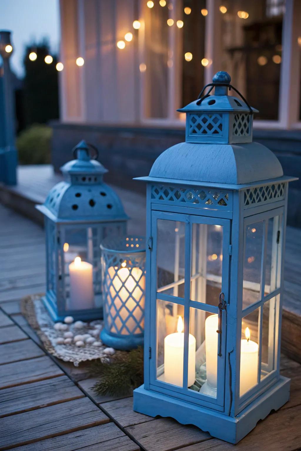 Blue lanterns lighting up a cozy fall setting.