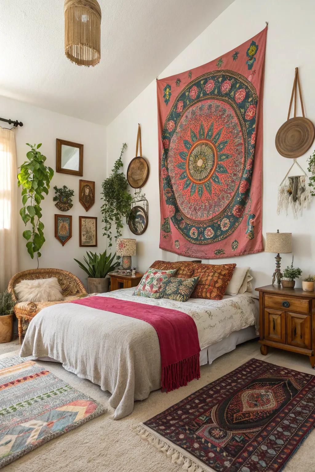 Unexpected art pieces and a bold tapestry spark interest in this boho bedroom.