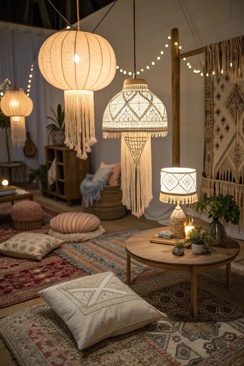 Layered lighting creates a cozy and inviting boho glam atmosphere.