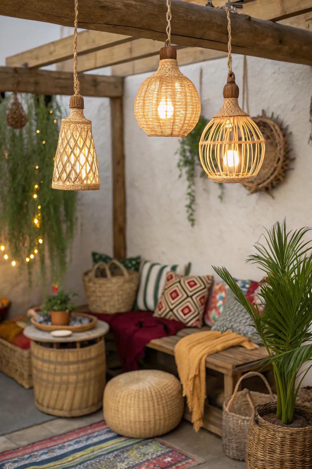 Eco-friendly bamboo lights enhancing a boho-themed setting.