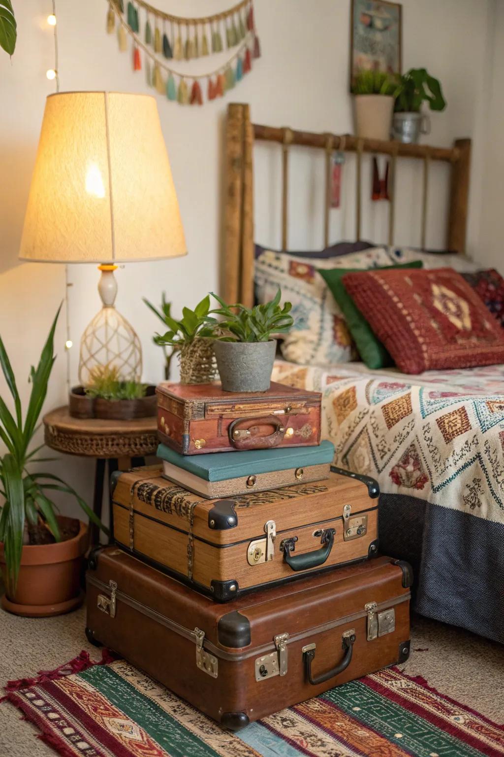 Vintage suitcases add character and functional storage.