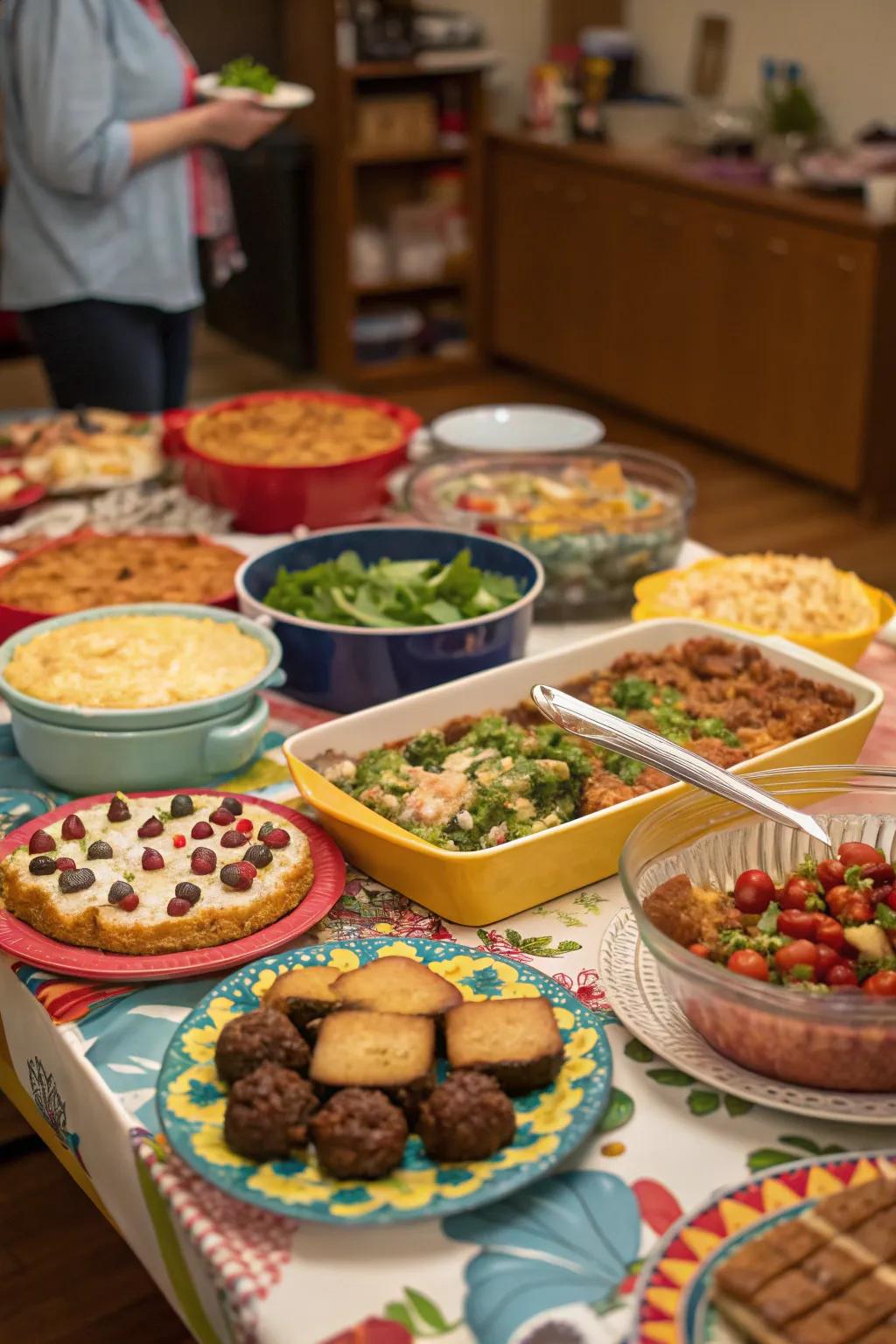 A potluck dinner table filled with a variety of homemade dishes.