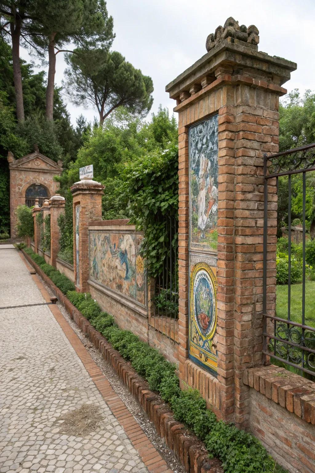 Art transforms a brick fence into a stunning focal point.