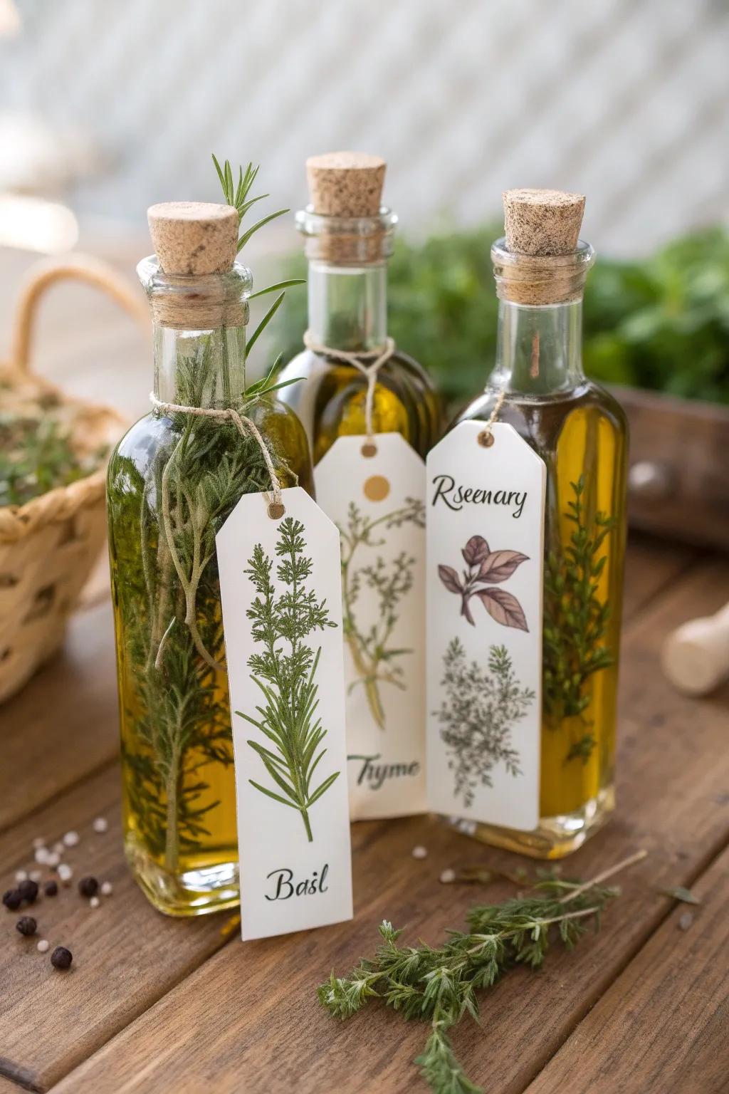 Mini olive oil bottles for a gourmet touch.