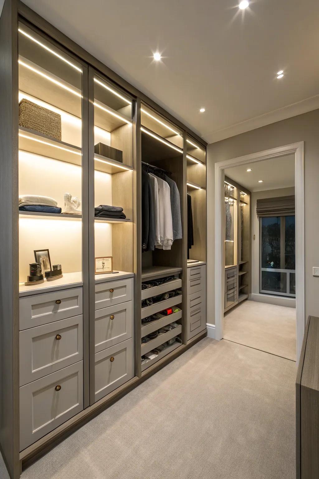 Wrapped closet designs maximize space efficiently.