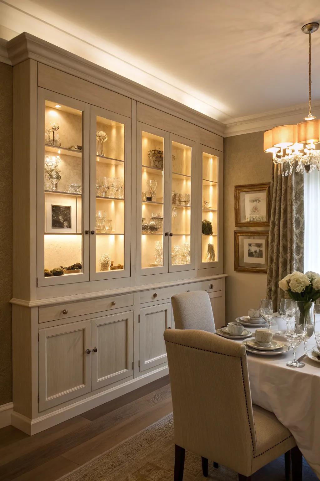 Warm ambiance with integrated lighting in dining room cabinets.