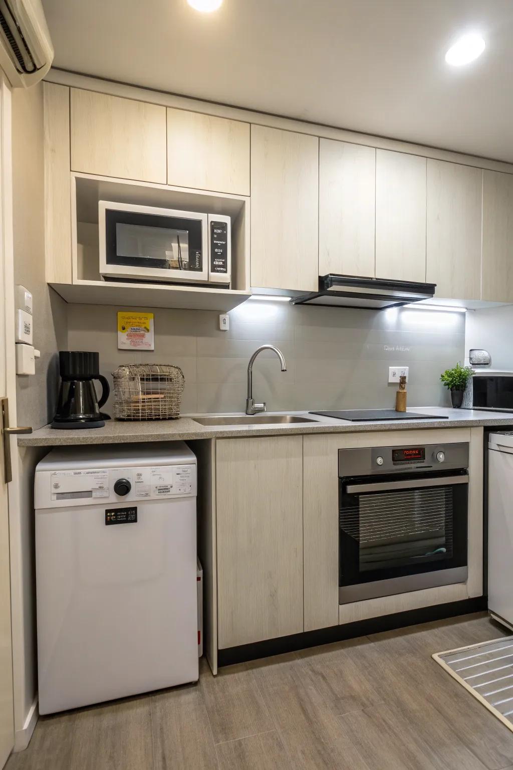 A space-saving microwave placement above the dishwasher.