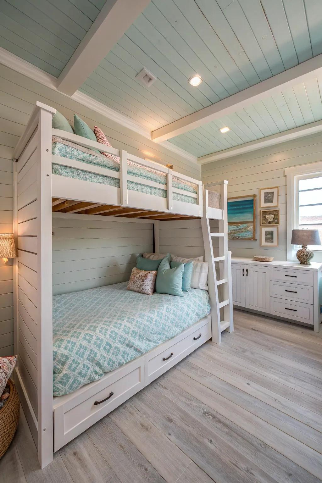 Textured shiplap finish adds coastal charm to your space.