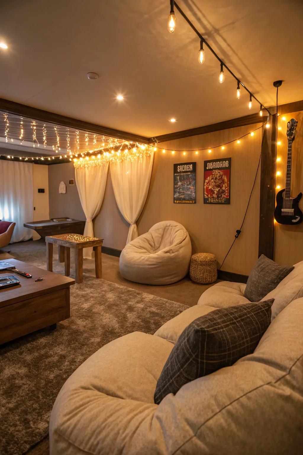 A relaxation zone provides a cozy escape within your game room.