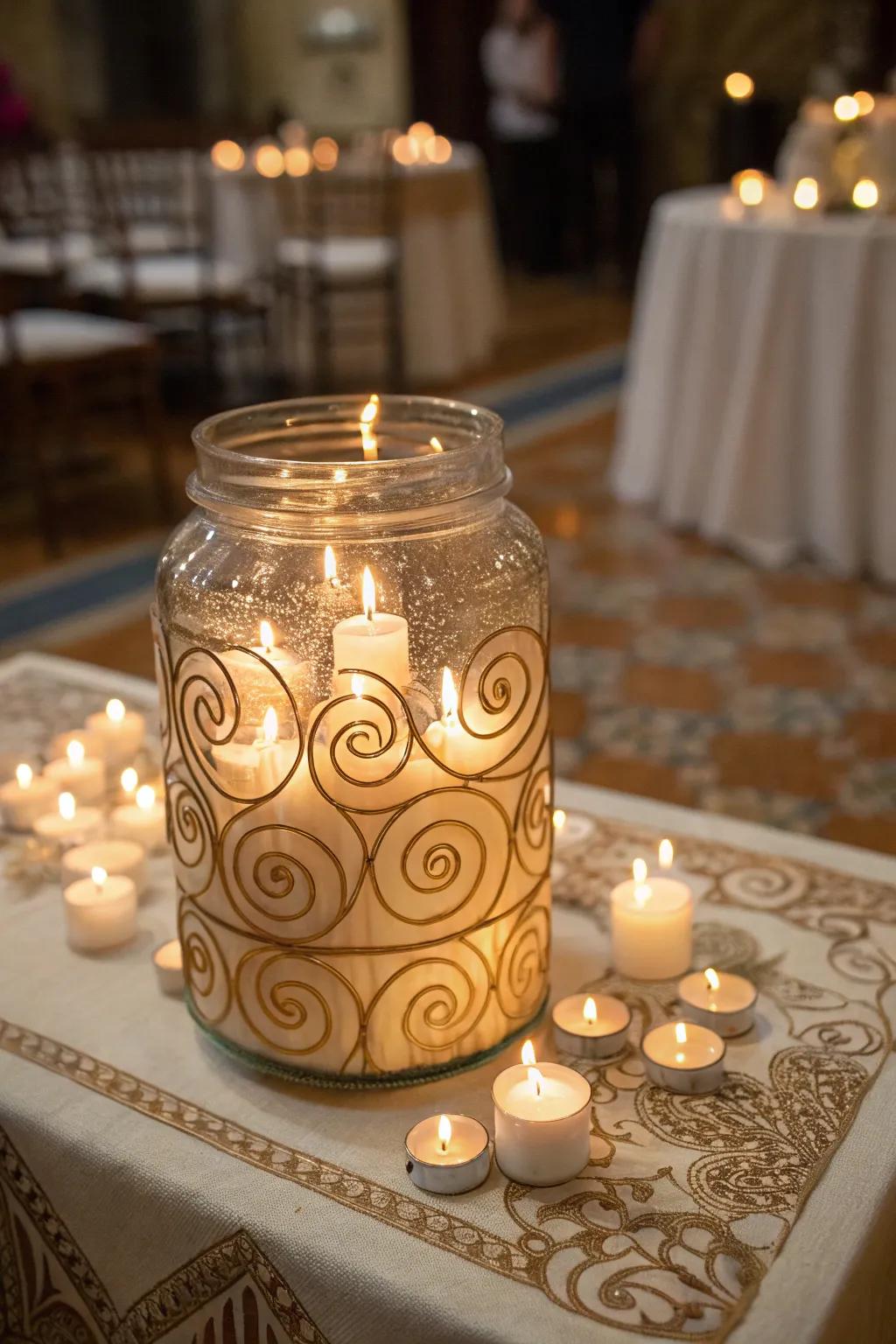 Decorative swirling candle arrangement in a jar.