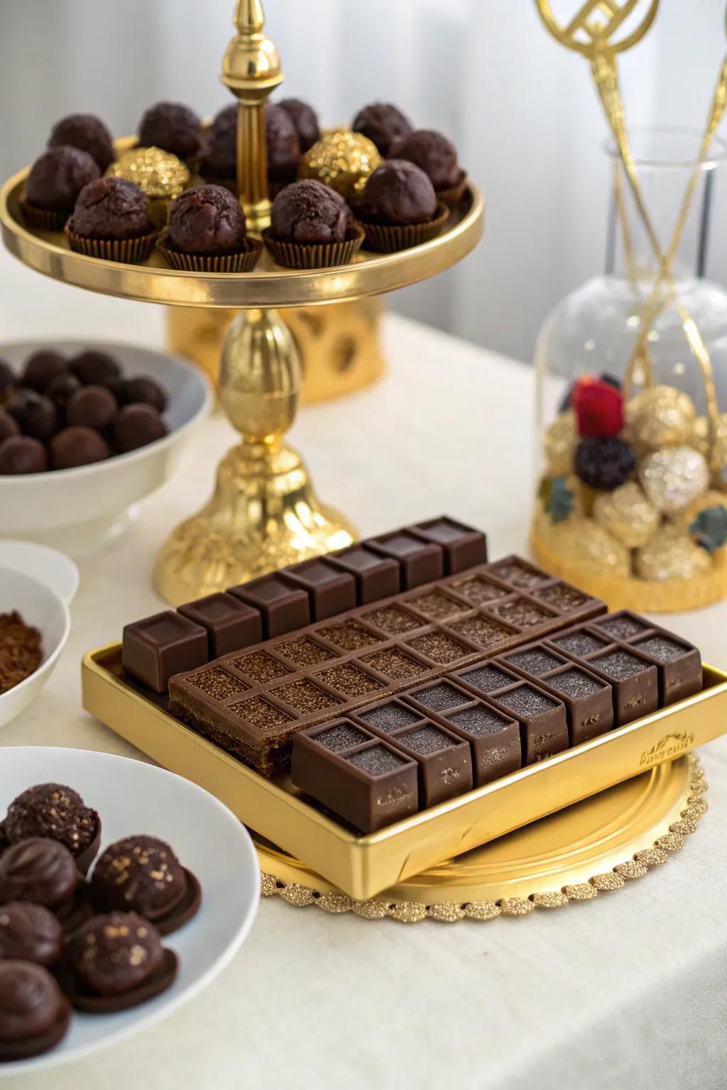 Luxurious chocolate candy bar with rich treats and elegant decor.