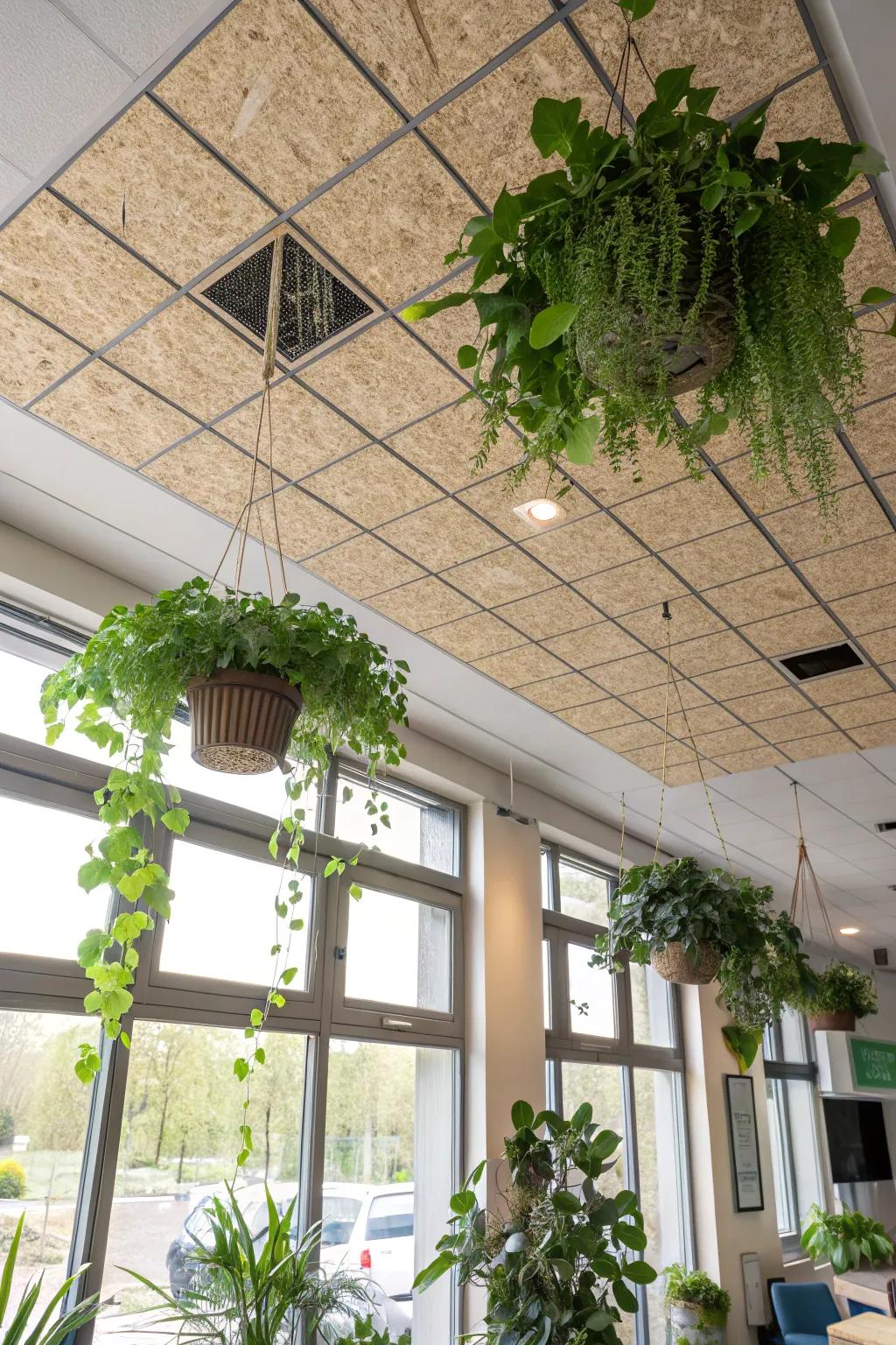 An eco-friendly room with recycled material ceiling tiles.