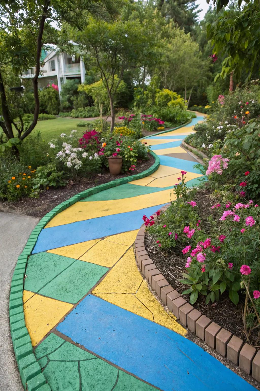 Colored cement walkway for a vibrant and inviting garden path.