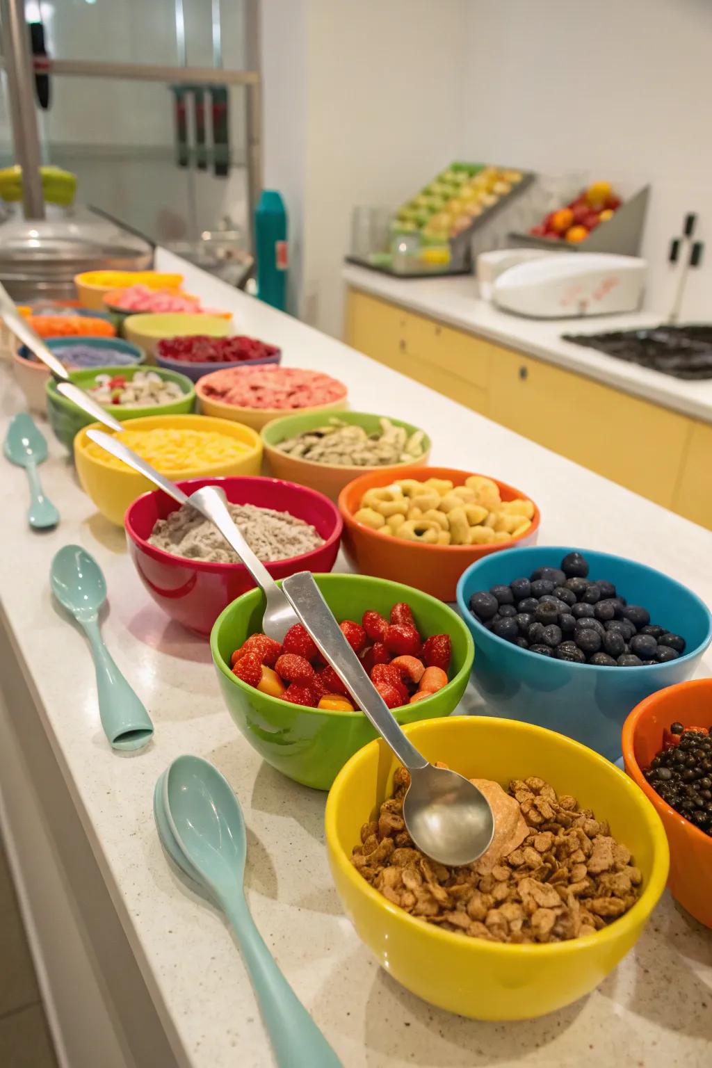 Colorful bowls and spoons add a playful vibe.