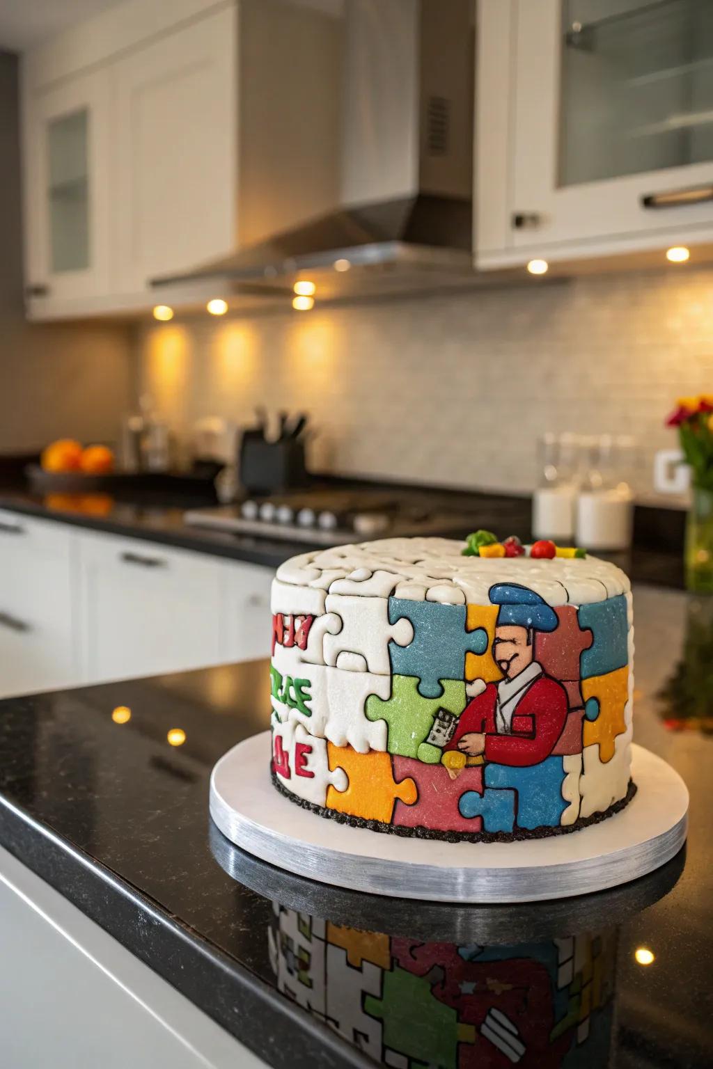 An interactive puzzle cake with a clever chef-related design.