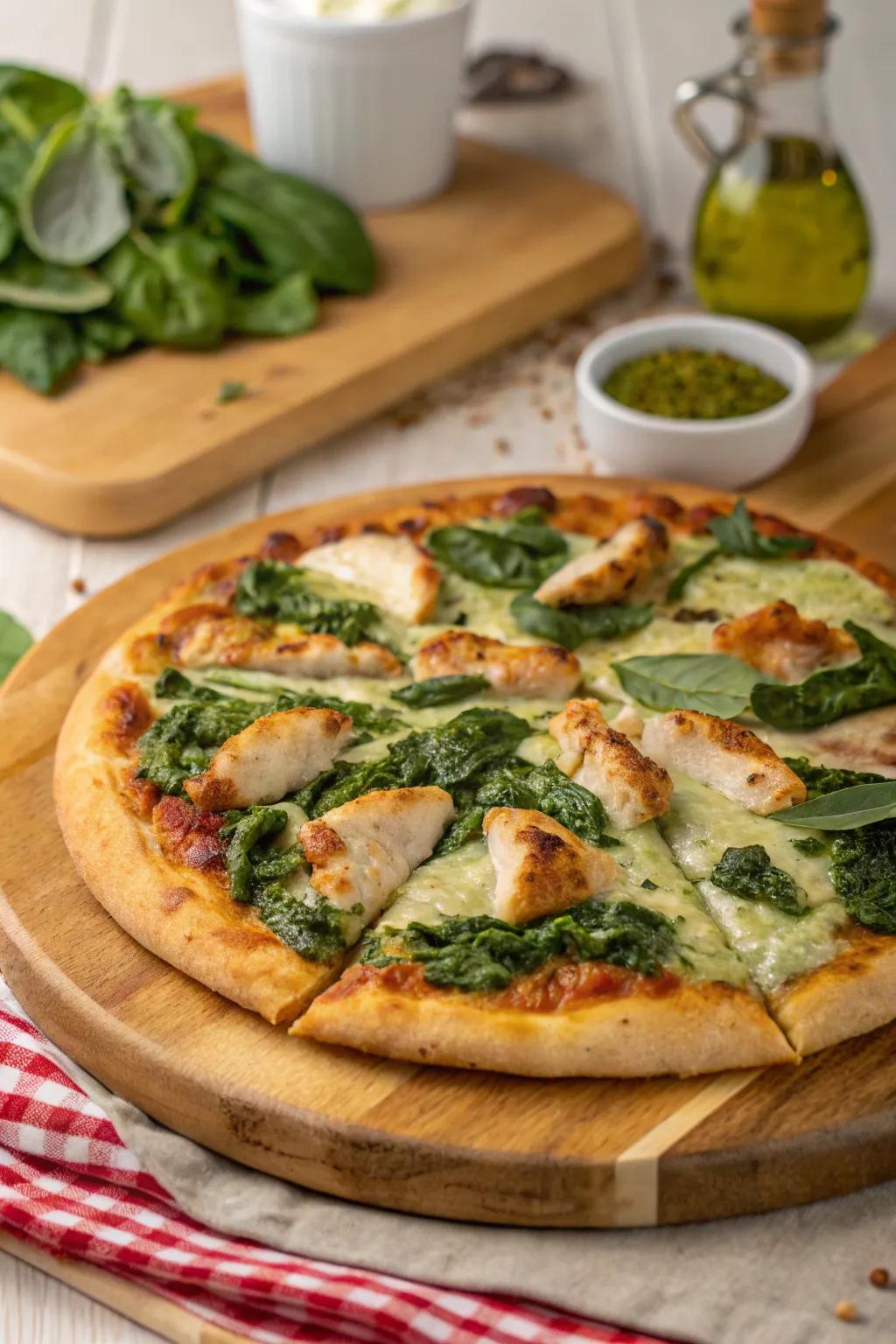 Chicken spinach pesto pizza, a bold twist on the classic.