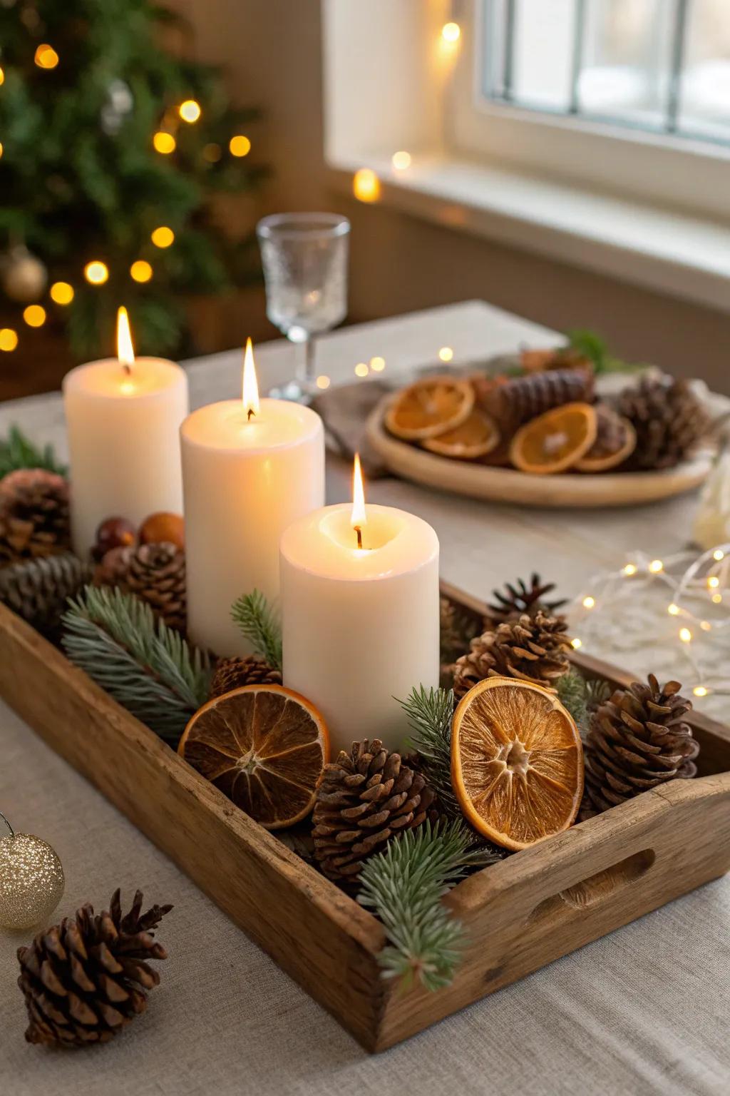 A rustic candle tray creates a warm and inviting holiday centerpiece.