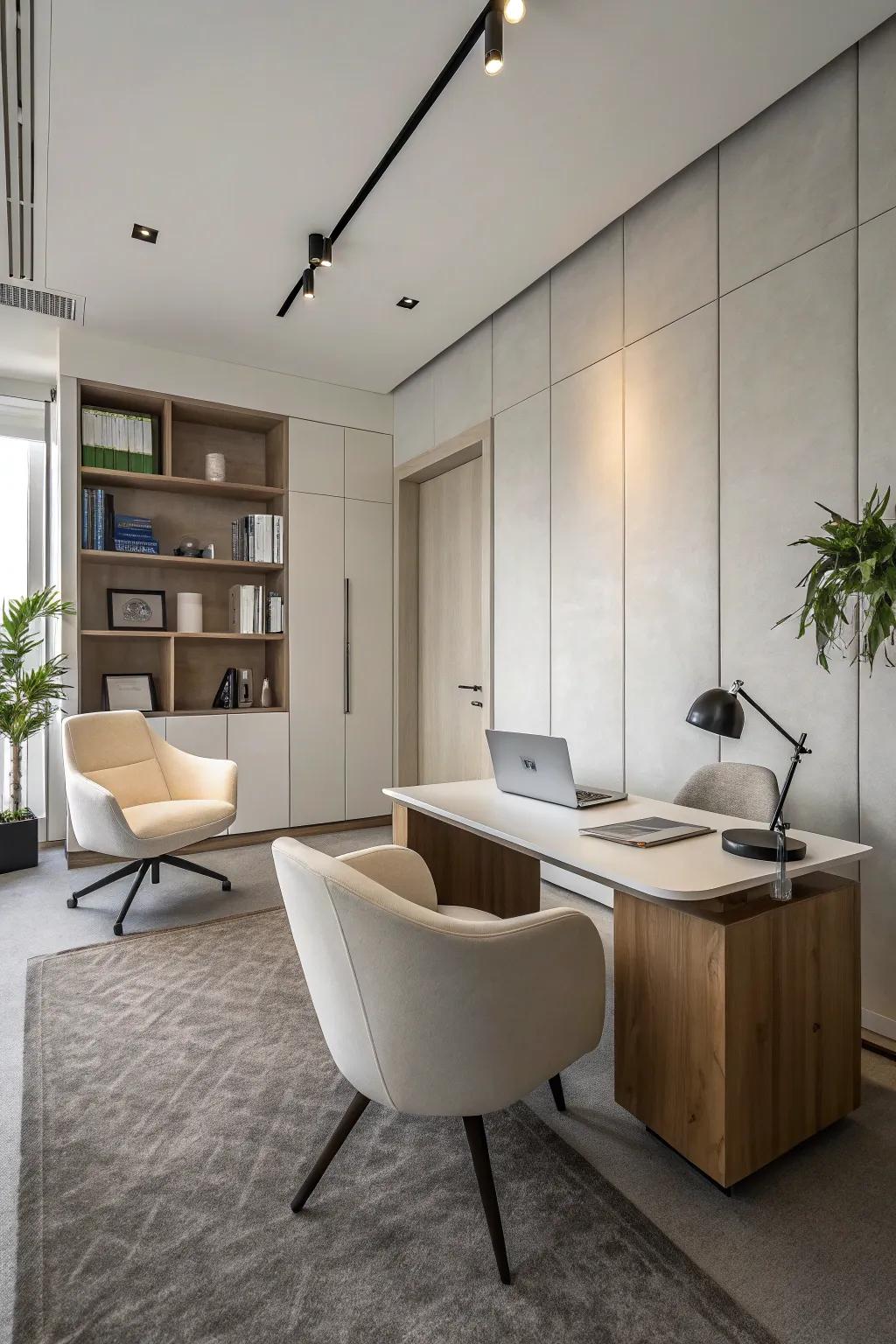 Minimalist decor creates a clean and focused office environment.