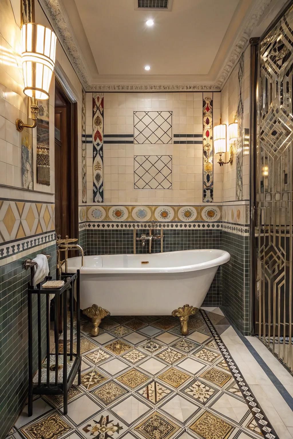 A bathroom that captures the opulence and style of the Art Deco era.