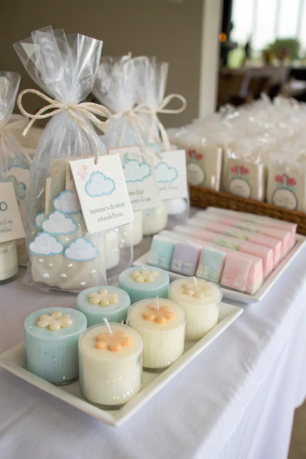 Cloud-themed favors offer a memorable keepsake for guests to take home.