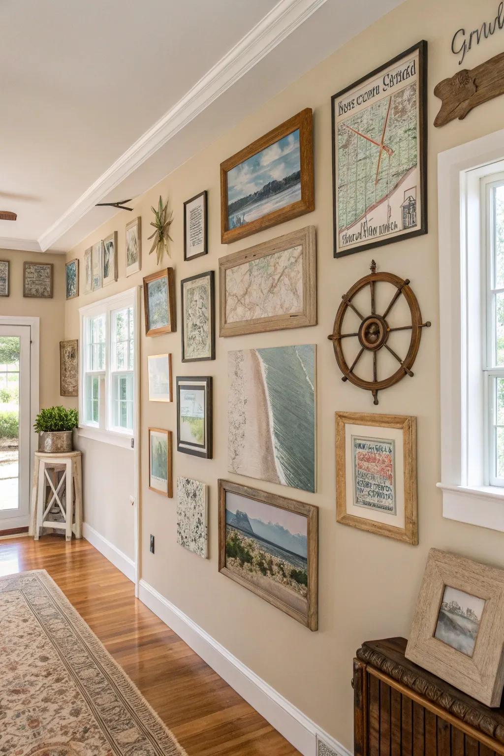 Eclectic art pieces personalize and enrich coastal farmhouse spaces.