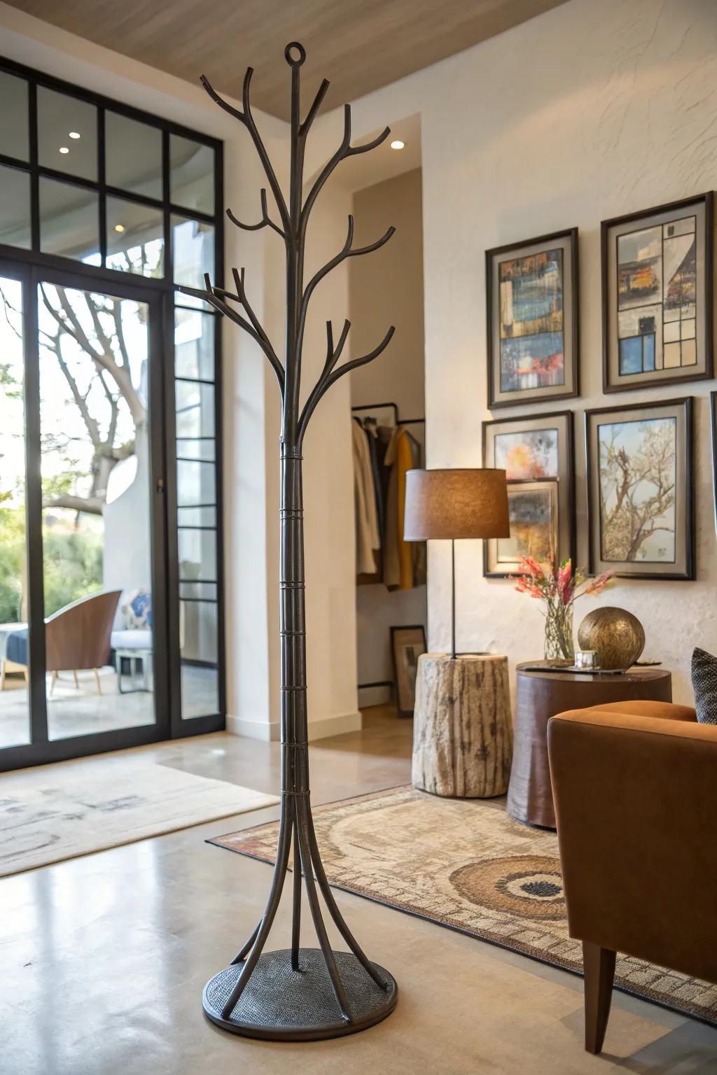 A metal tree branch coat stand, doubling as an artistic sculpture in the home.