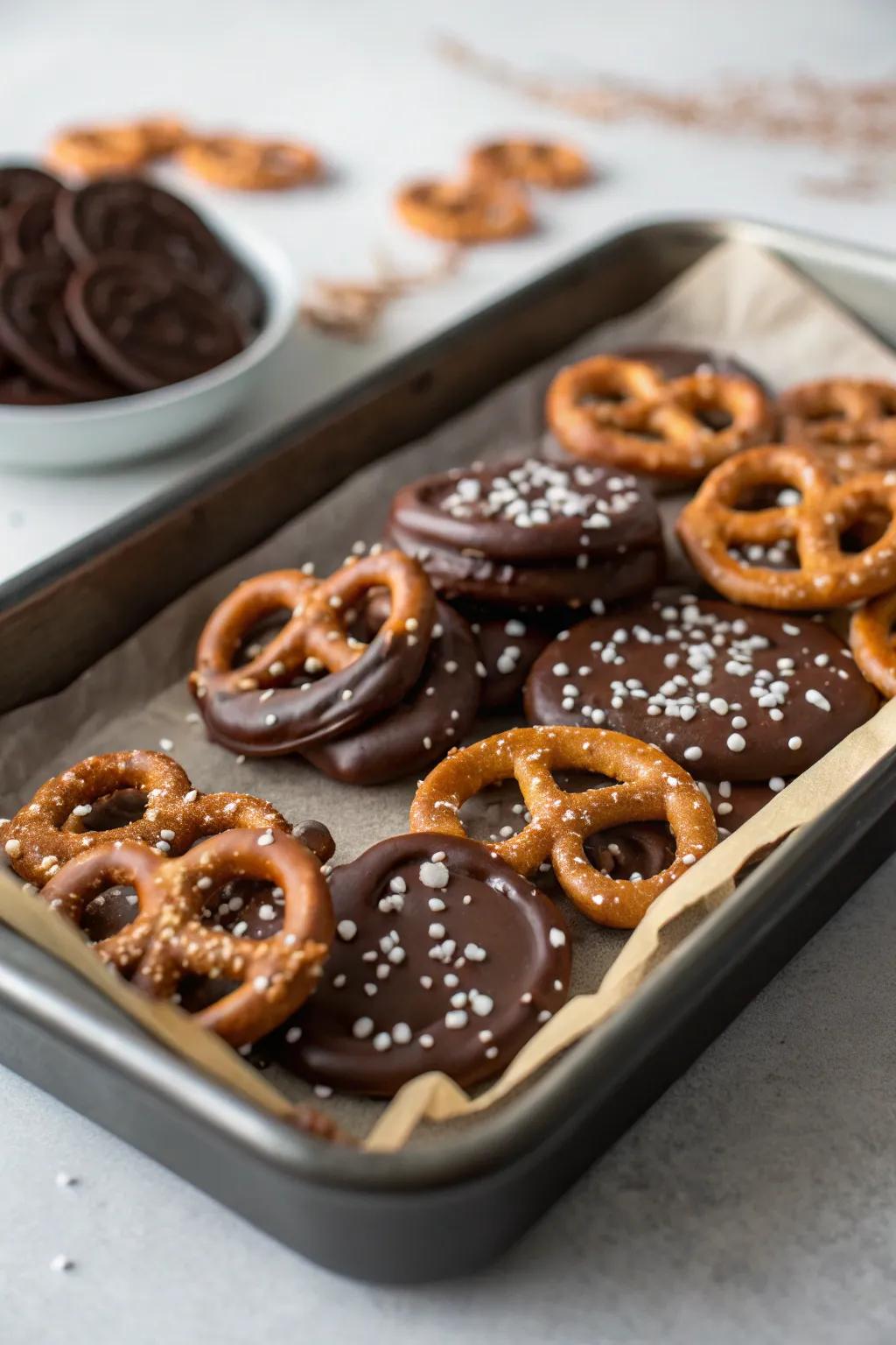 Chocolate-dipped pretzels, a perfect sweet and salty snack.