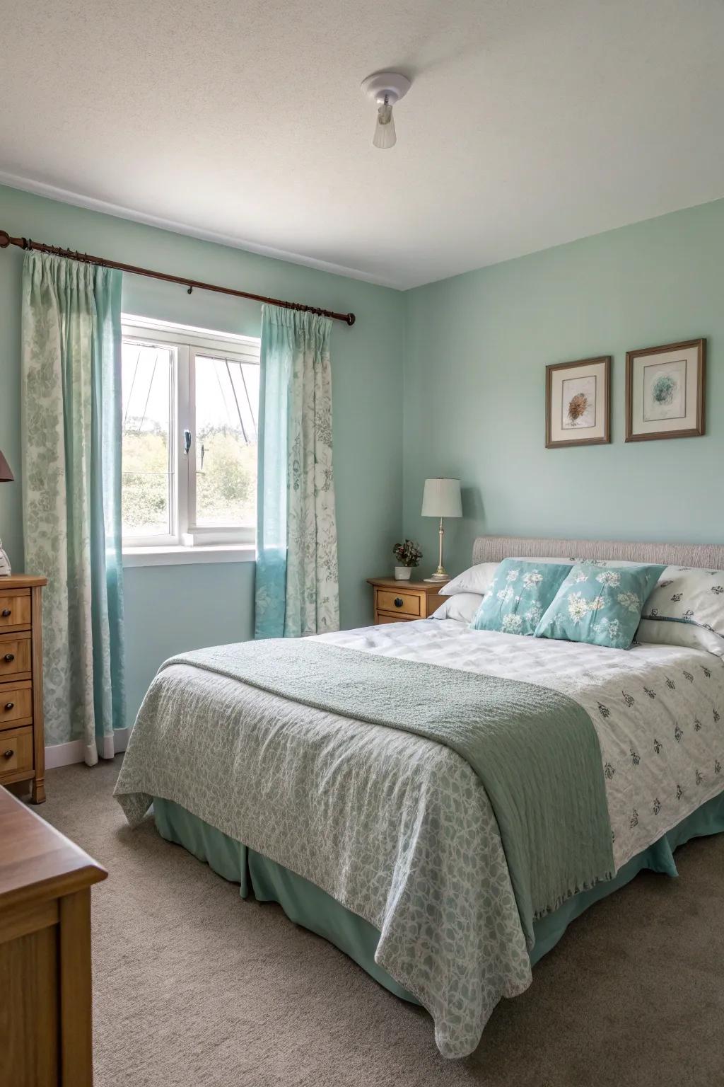 Cool tones lend a refreshing and serene feel to this bedroom.