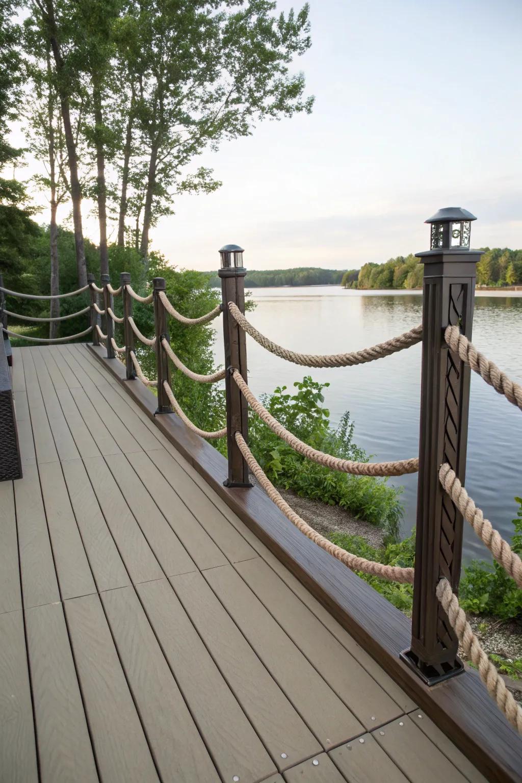 Rope accents add a nautical and rustic charm to deck railings.