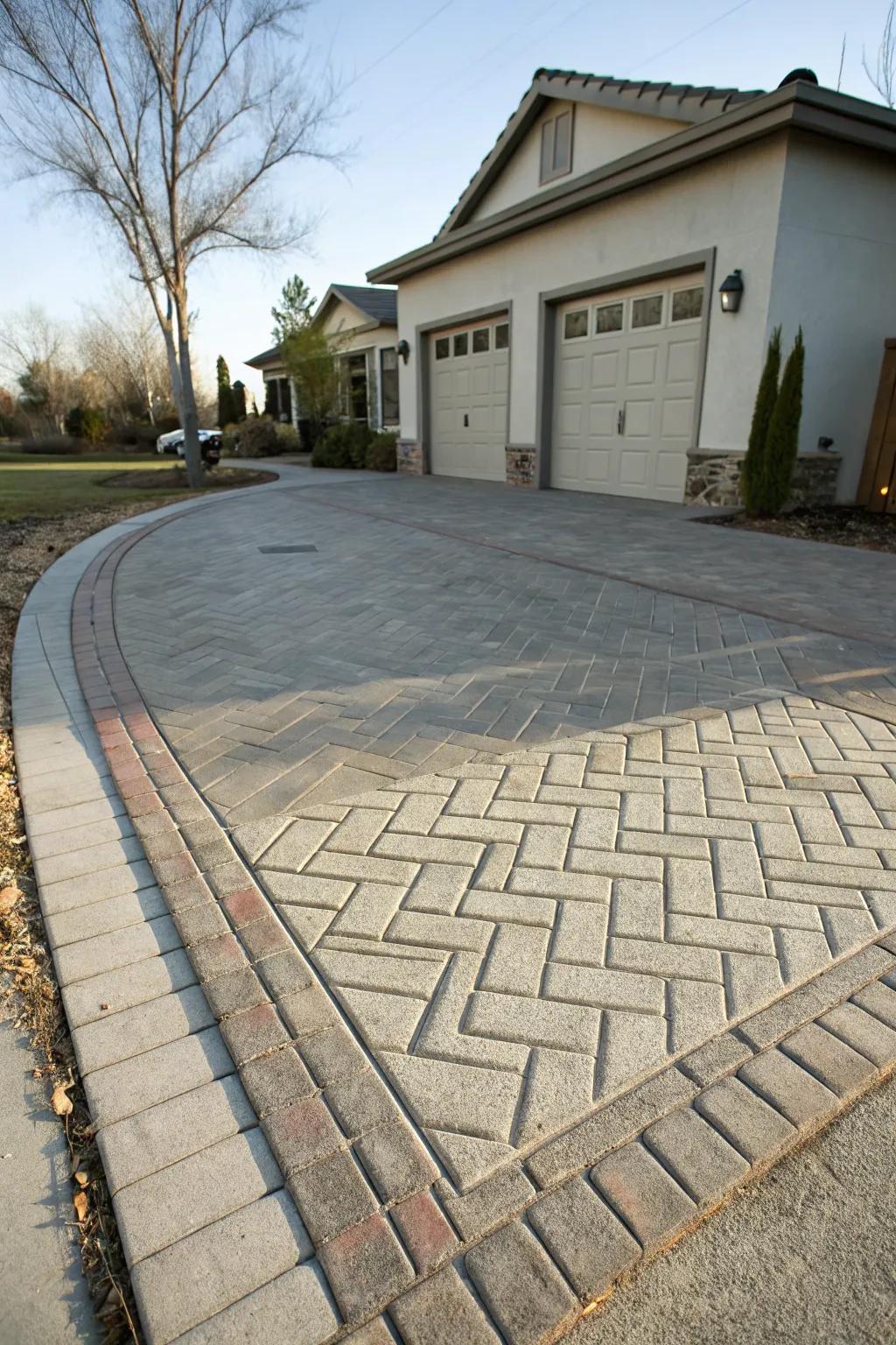 A classic brick pattern that brings timeless charm to this driveway.