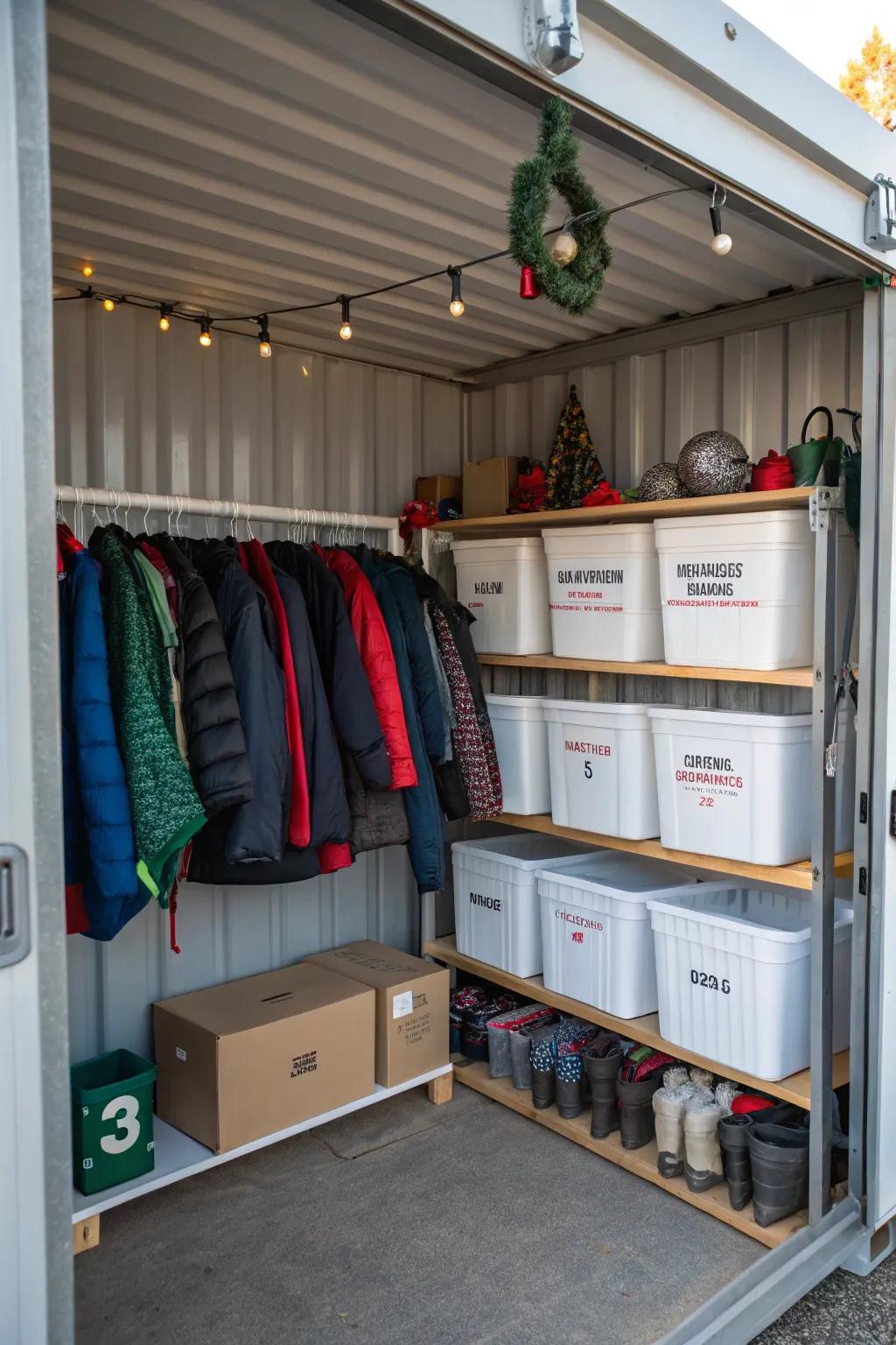 Seasonal storage in a container helps manage household clutter effectively.