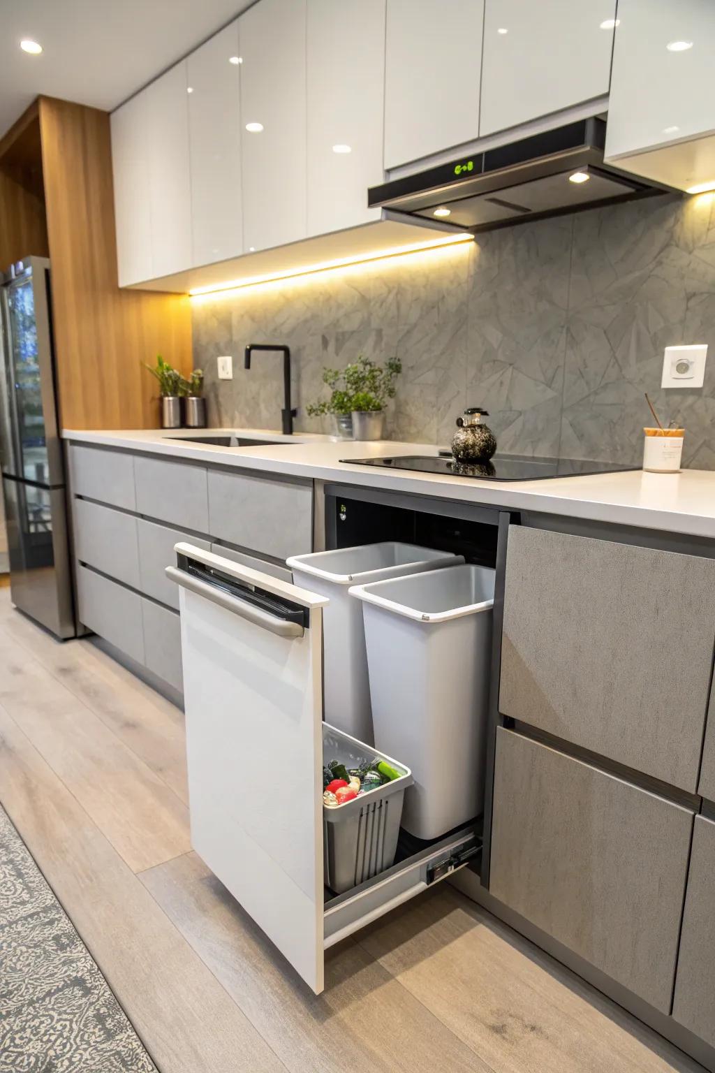 Hidden trash disposal keeps your kitchen tidy and stylish.