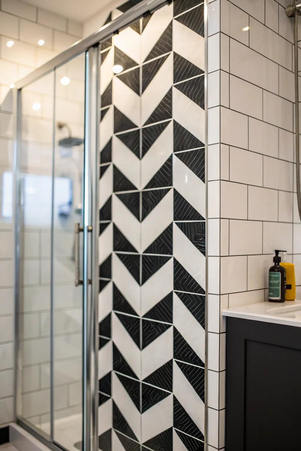 Bold contrasts create a dramatic and striking shower design.