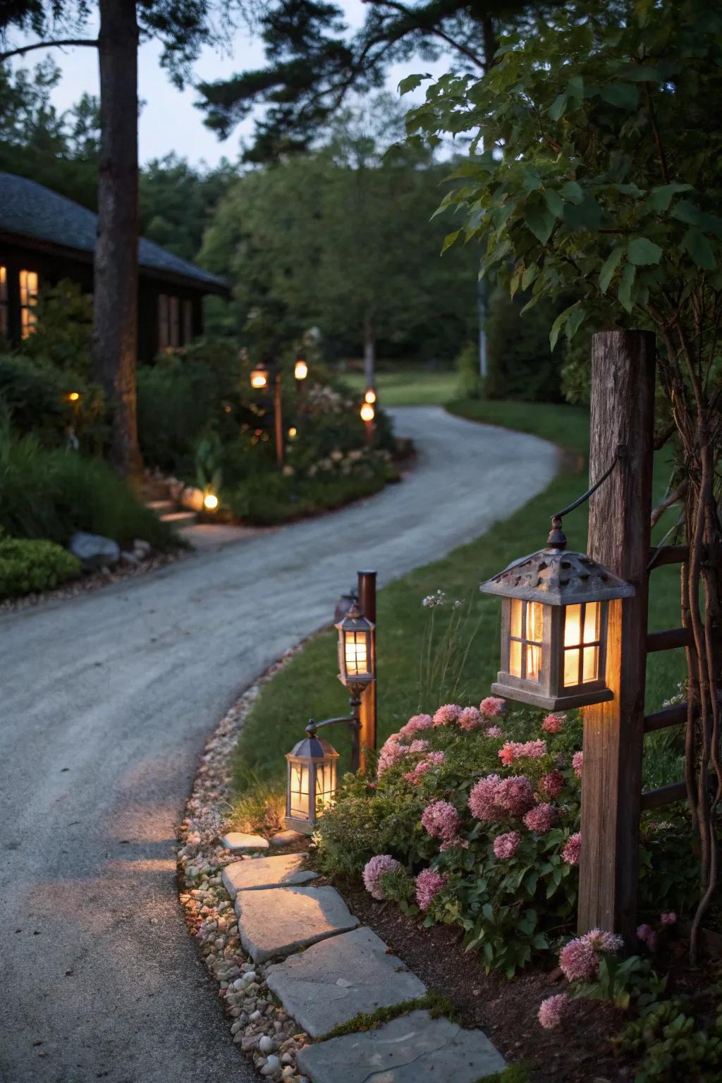 Rustic post lanterns providing charm and guidance.