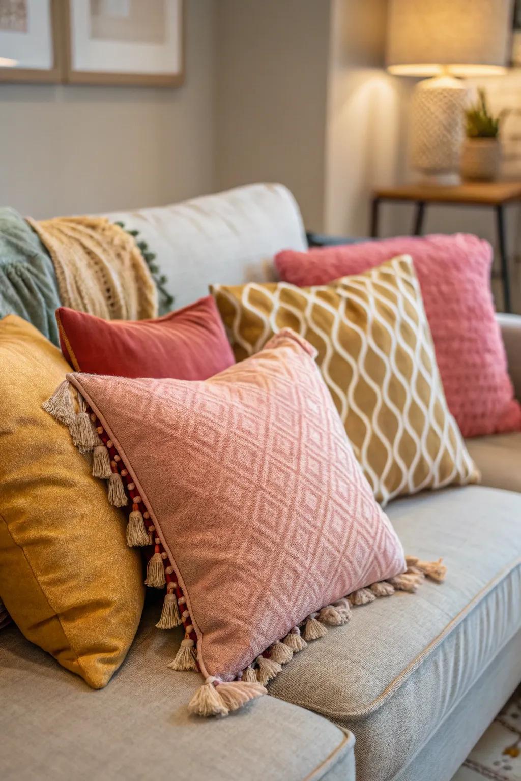 A cozy nook invites relaxation with layered pillows.