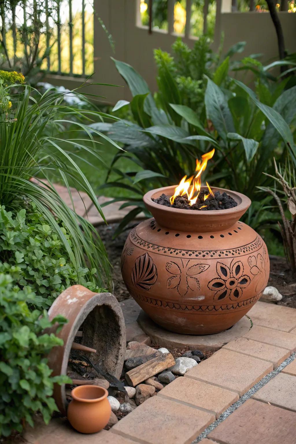 A clay pot fire pit exudes rustic charm and warmth.