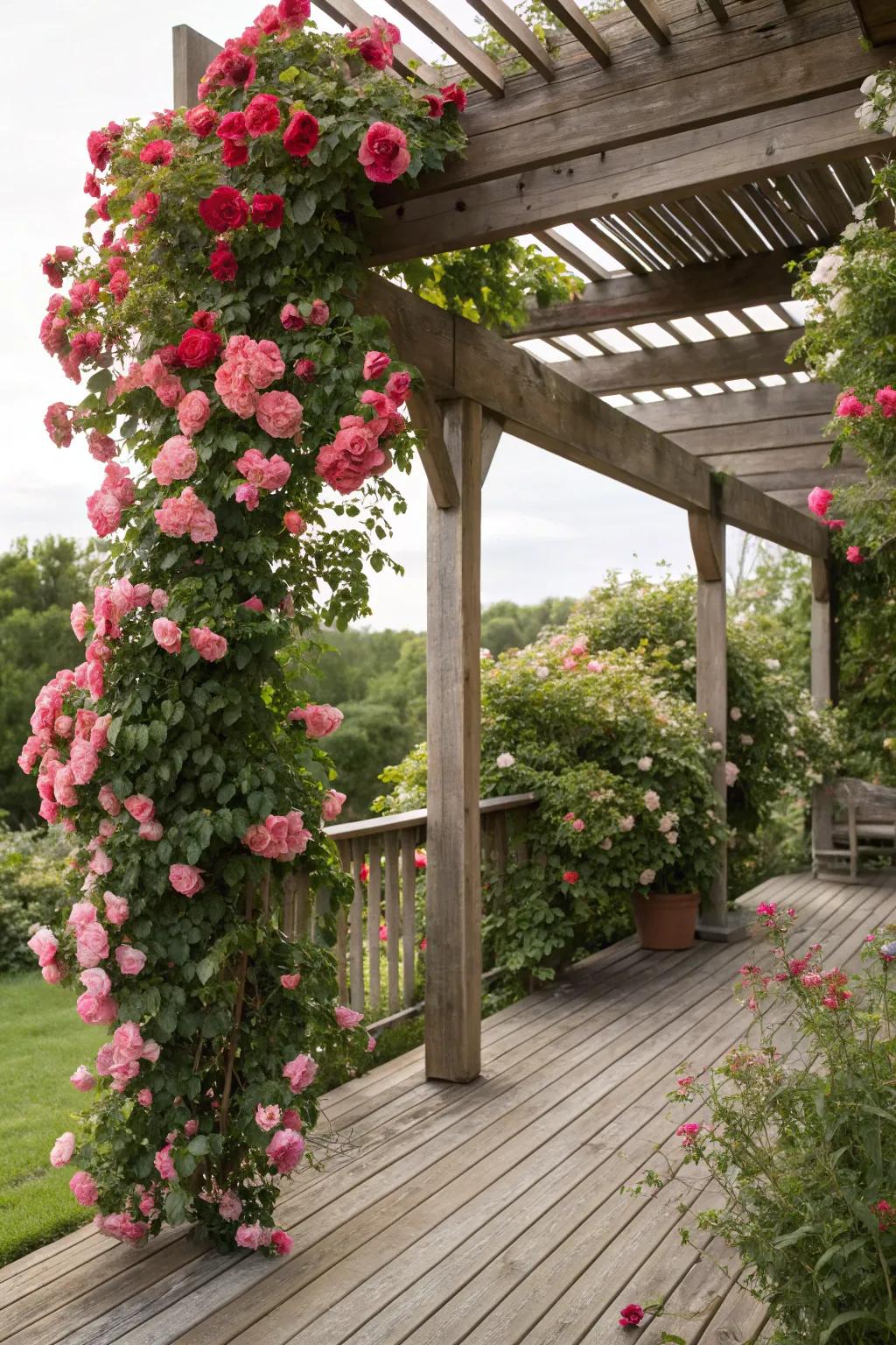 Climbing roses on a trellis add romantic charm and shade to your deck.