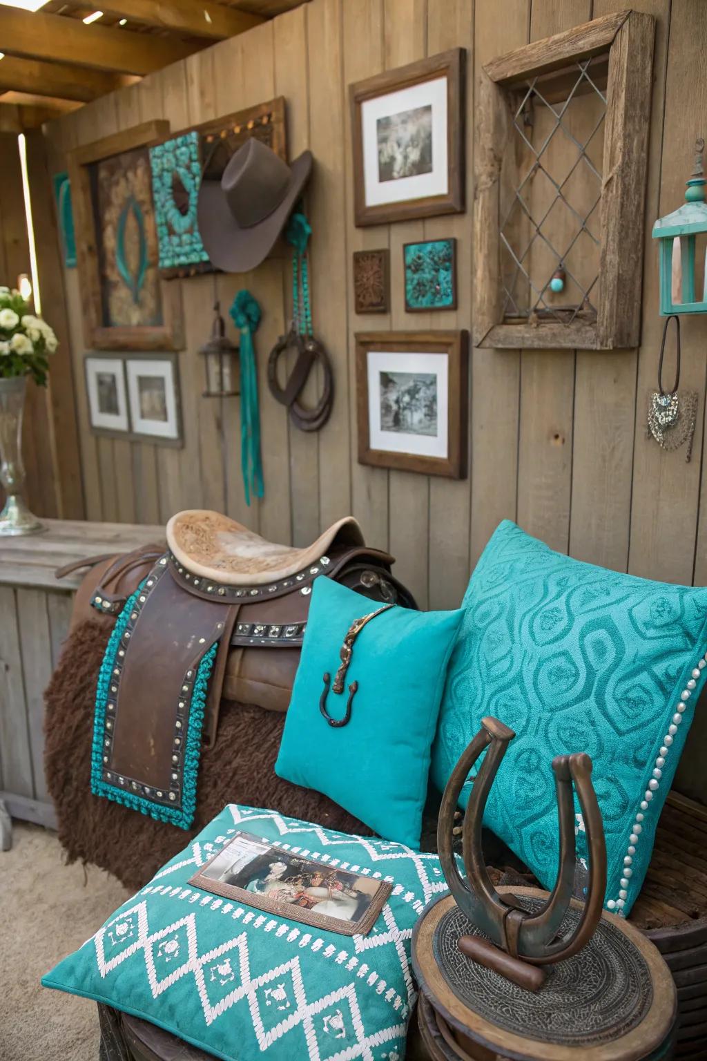 Turquoise accents add vibrant energy.