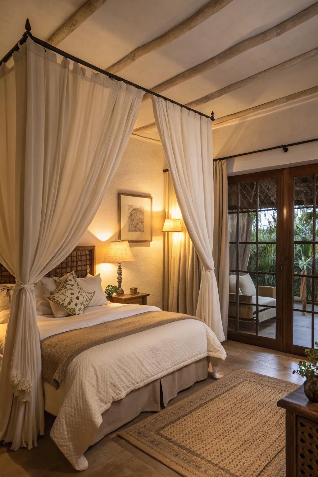 A bedroom with neutral linen drapes creating a soft and cozy atmosphere.