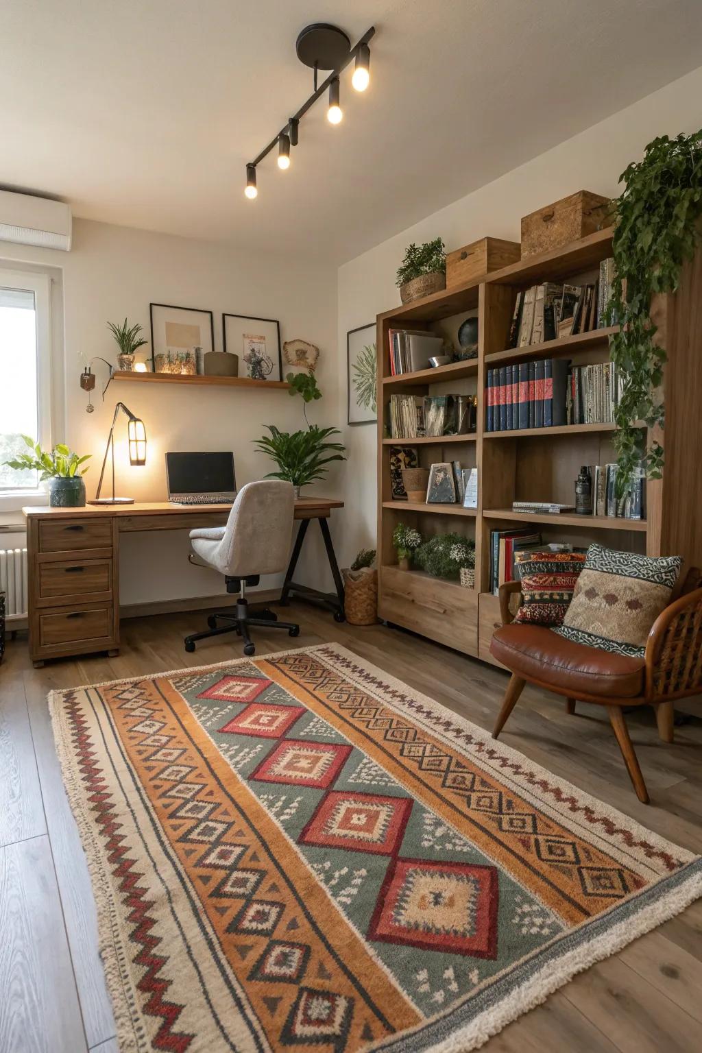 Layered rugs bring texture and interest to your office.